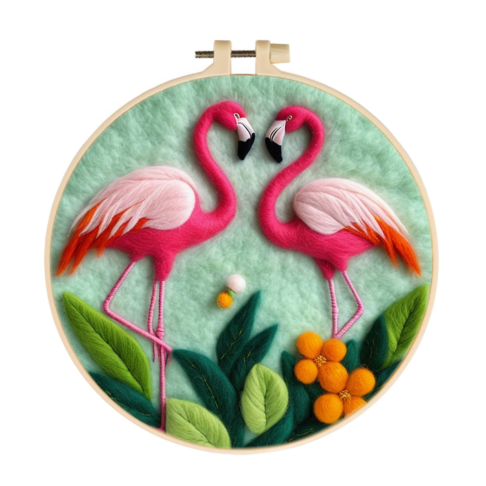 Flamingos Staring at Each Other in Green Wool Needle Felting Painting Kit