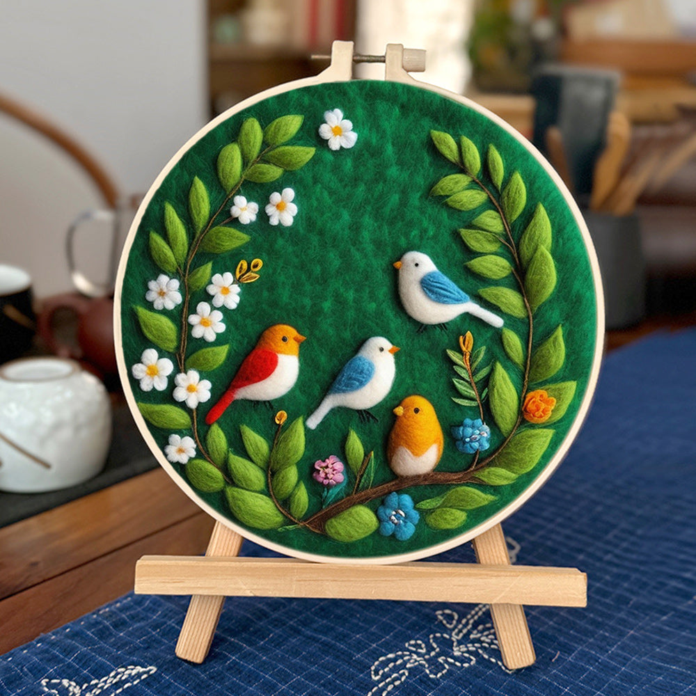 Birds Sit on Branches with Flowers Wool Needle Felting Painting Kit