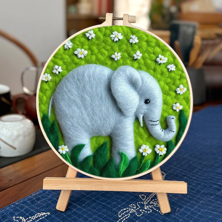 Elephant Moves Through Green Grass Wool Needle Felting Painting Kit