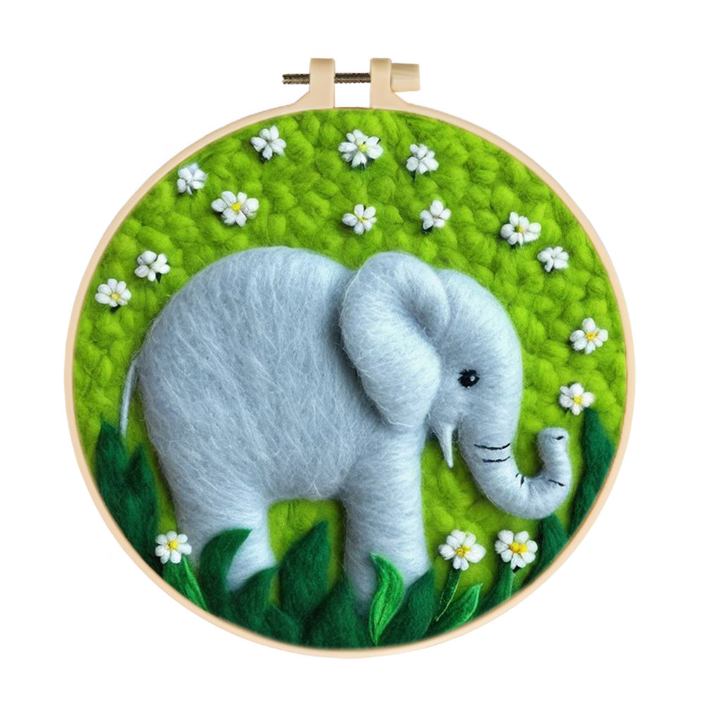 Elephant Moves Through Green Grass Wool Needle Felting Painting Kit