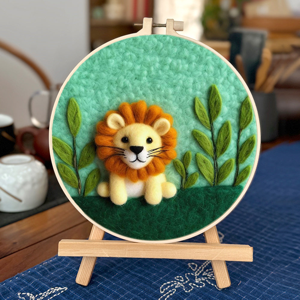 Lion Sits Near Green Leaves Wool Needle Felting Painting Kit