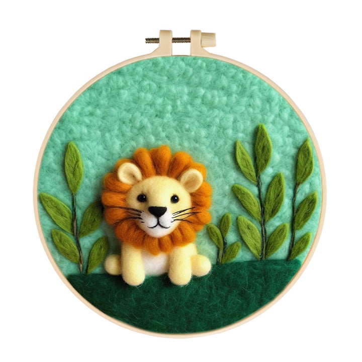 Lion Sits Near Green Leaves Wool Needle Felting Painting Kit