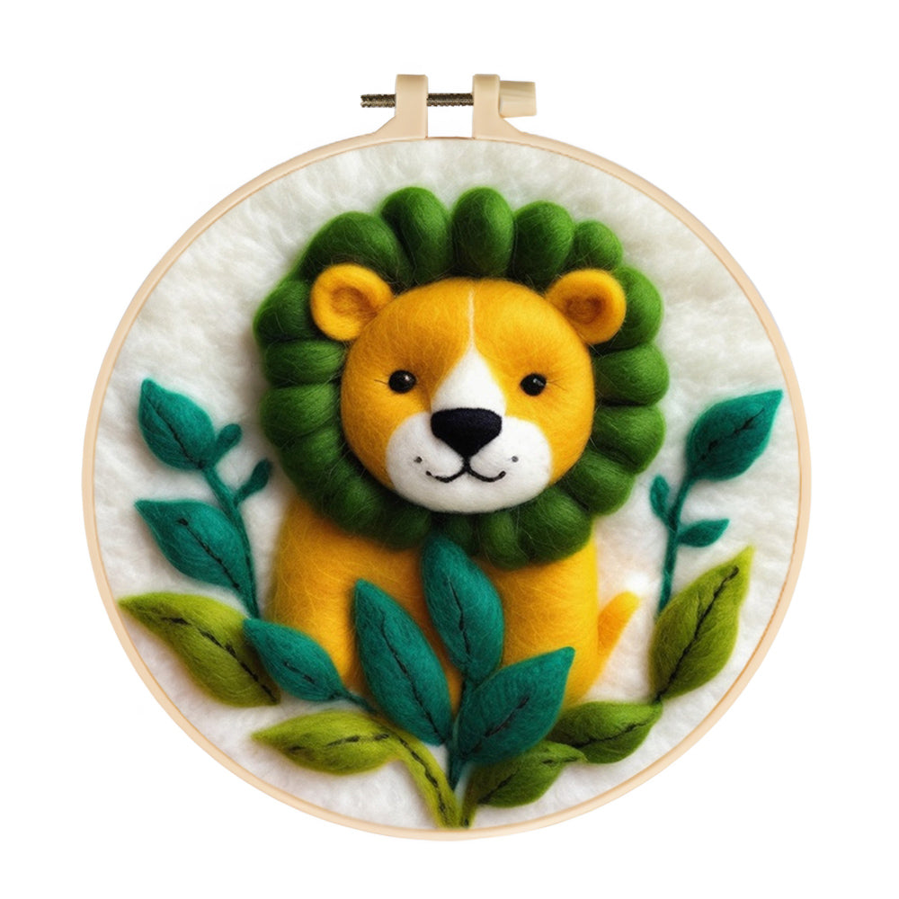 Lion Smiles in Green Leafy Surrounding Wool Needle Felting Painting Kit