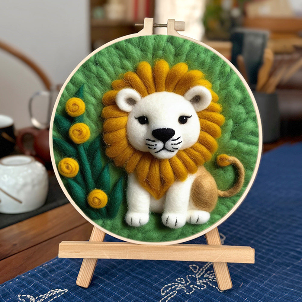 Lion Stands in Green Field Wool Needle Felting Painting Kit