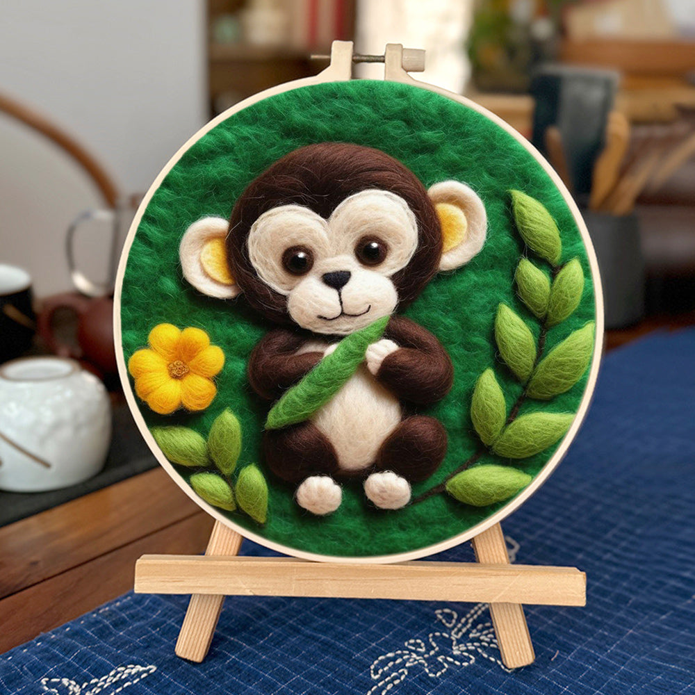 Brown Monkey Holds Green Leaf Wool Needle Felting Painting Kit