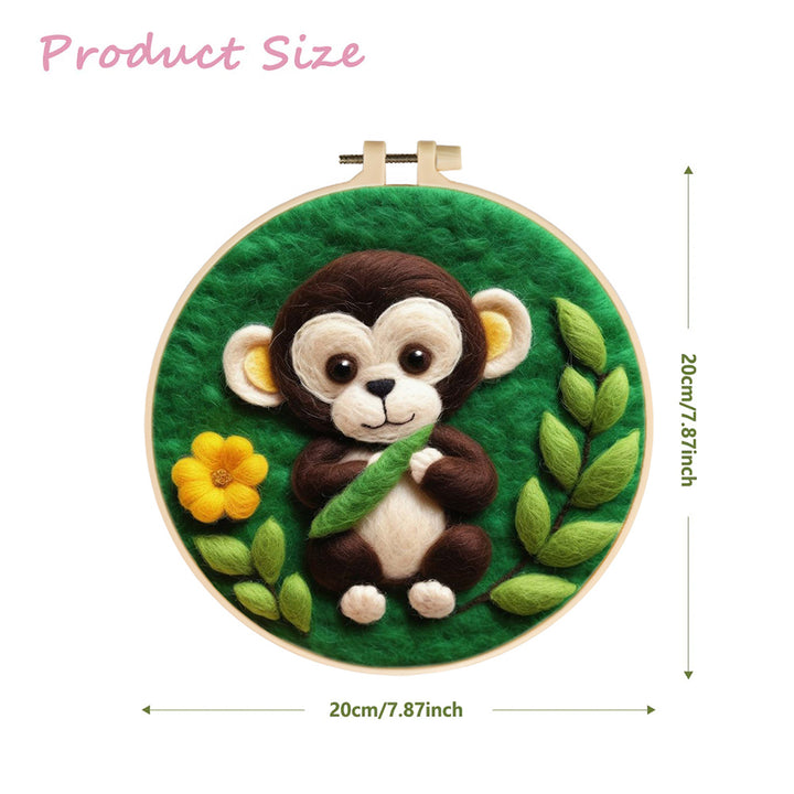 Brown Monkey Holds Green Leaf Wool Needle Felting Painting Kit