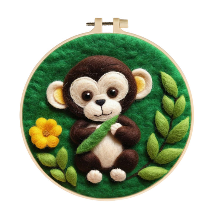 Brown Monkey Holds Green Leaf Wool Needle Felting Painting Kit