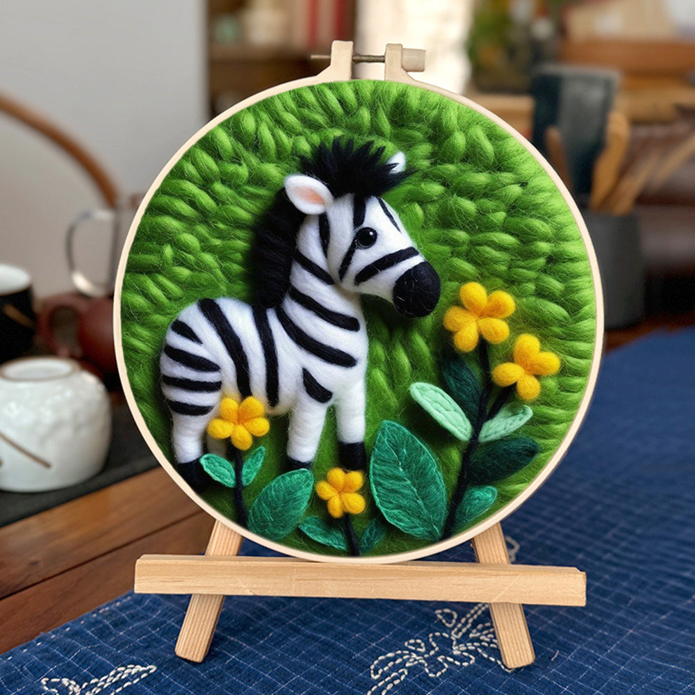 Zebra Sniffs Yellow Flowers Nearby Wool Needle Felting Painting Kit