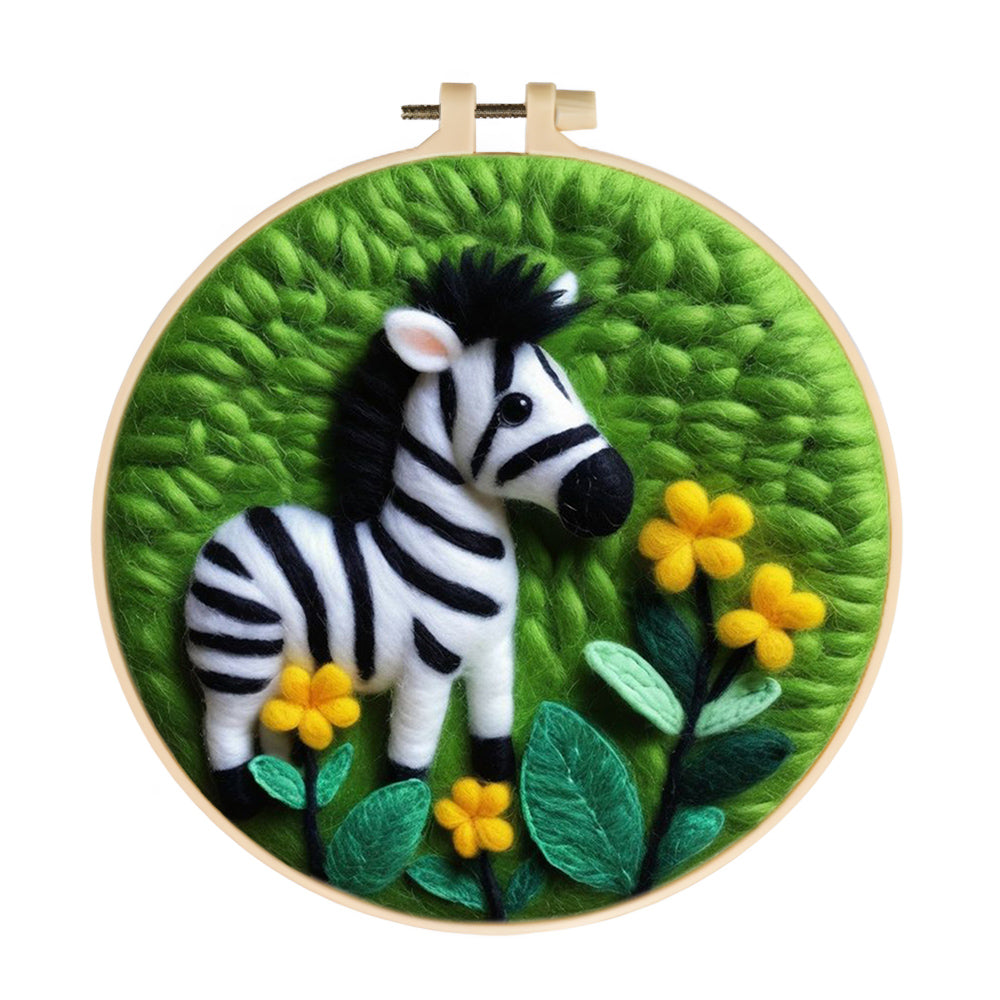 Zebra Sniffs Yellow Flowers Nearby Wool Needle Felting Painting Kit