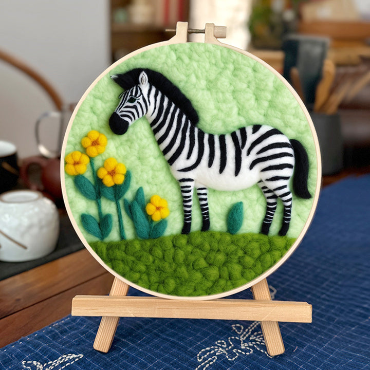 Zebra Sniffs the Yellow Flowers Wool Needle Felting Painting Kit