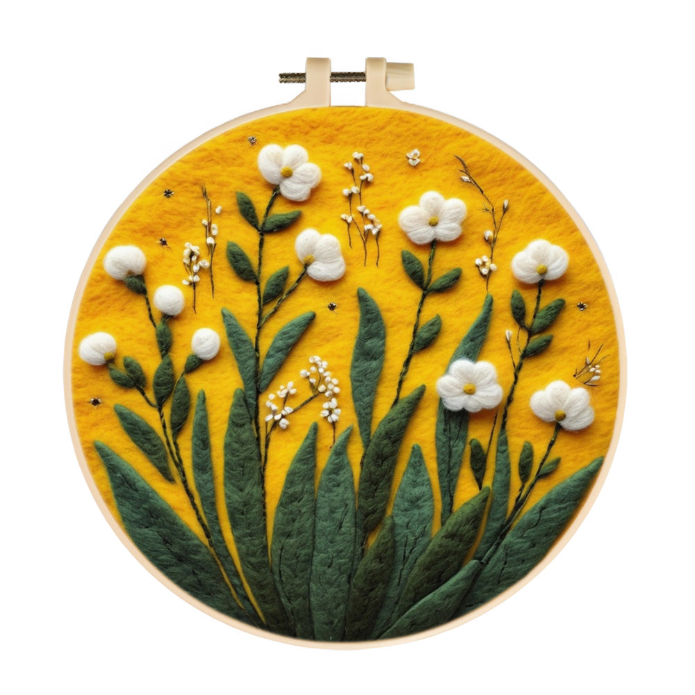 Small White Flowers in the Grass Wool Needle Felting Painting Kit