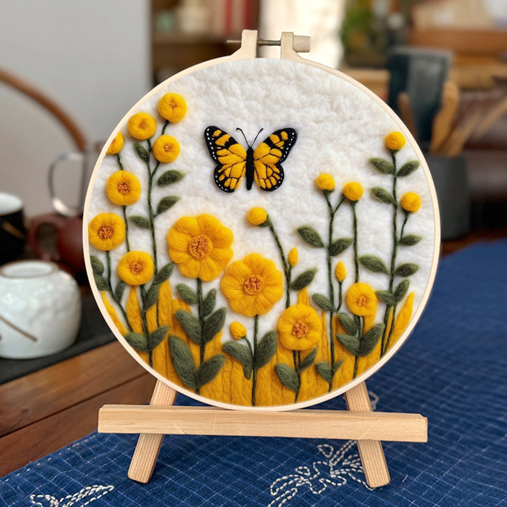 Yellow Butterfly Enjoys the Flowers Wool Needle Felting Painting Kit
