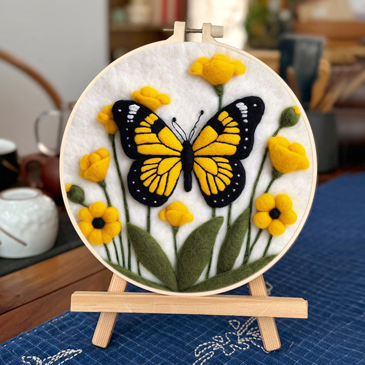 Butterfly Sits Gracefully Above Blooms Wool Needle Felting Painting Kit