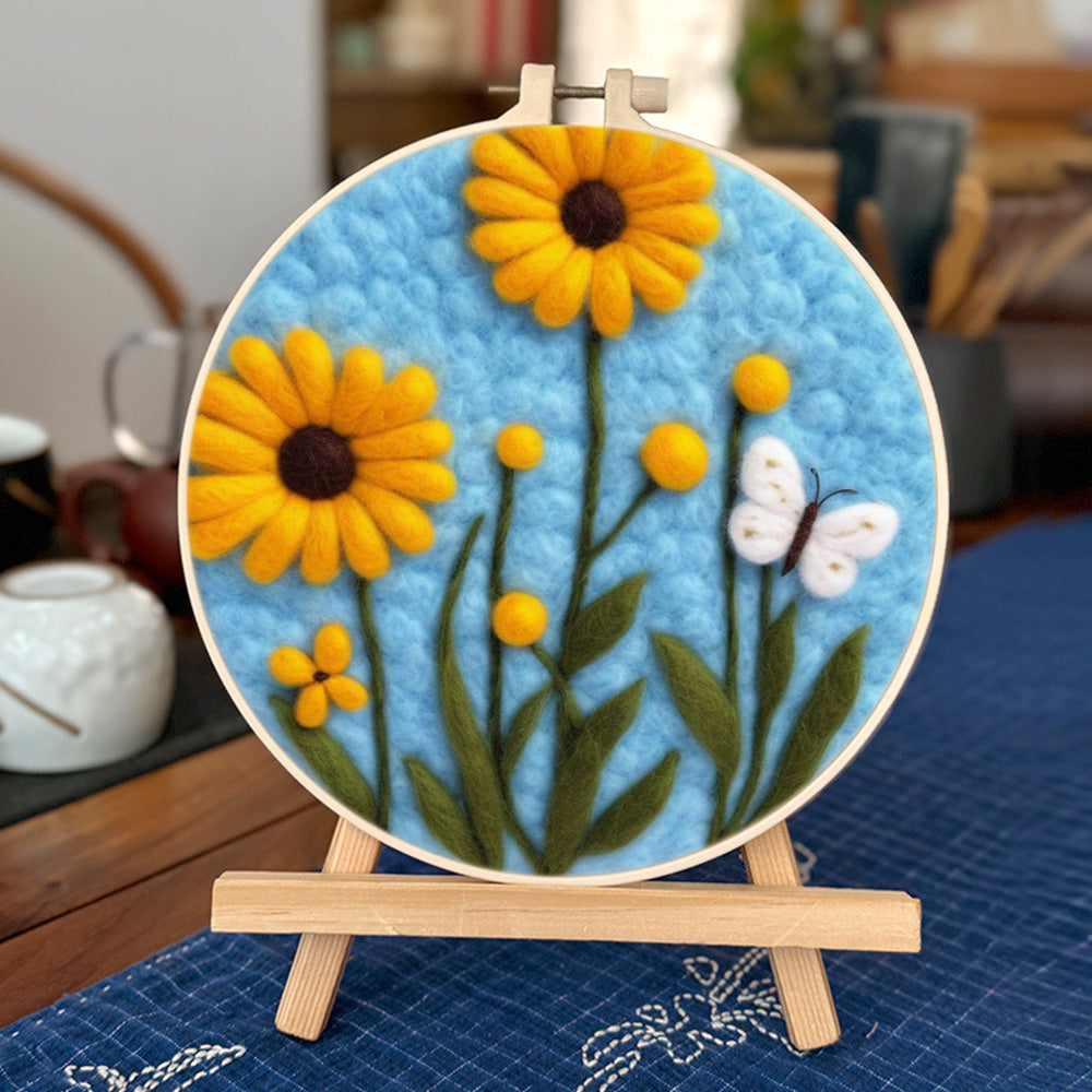 Golden Daisies and a White Butterfly Wool Needle Felting Painting Kit