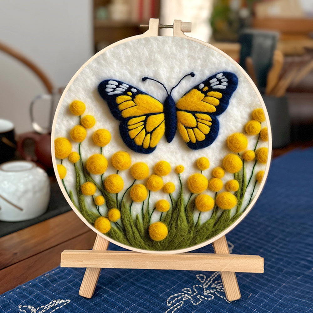 Butterfly Dances Over Golden Flowers Wool Needle Felting Painting Kit