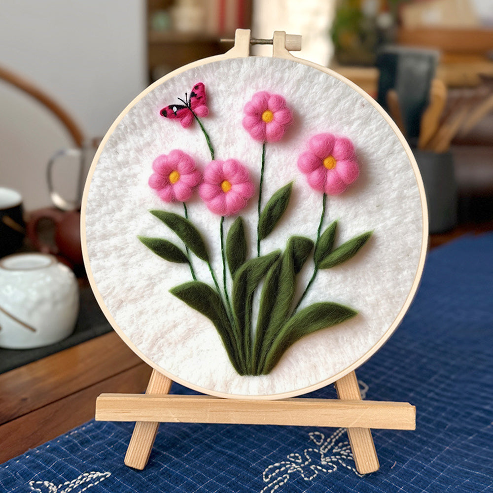Pink Flowers Bloom with Butterfly Above Wool Needle Felting Painting Kit