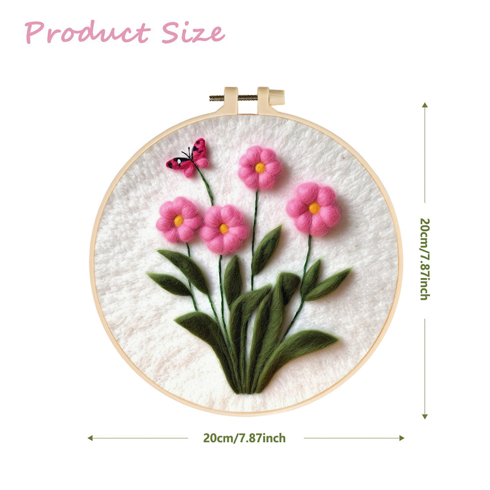 Pink Flowers Bloom with Butterfly Above Wool Needle Felting Painting Kit