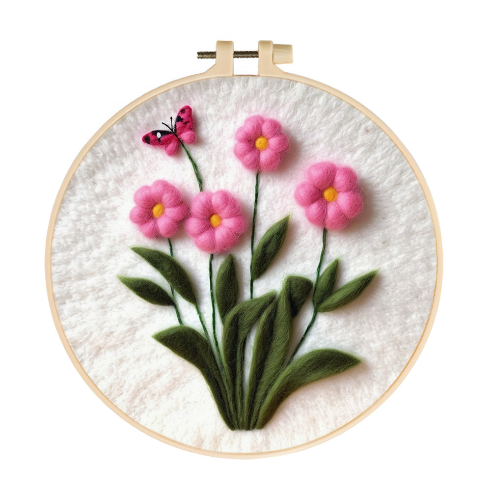 Pink Flowers Bloom with Butterfly Above Wool Needle Felting Painting Kit