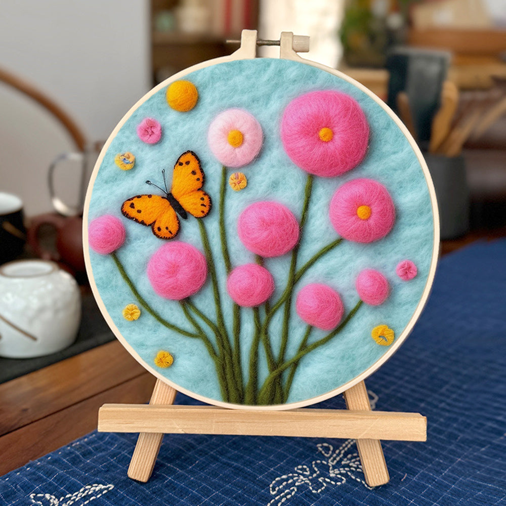 Butterfly Flies Around Pink Flowers Above Wool Needle Felting Painting Kit