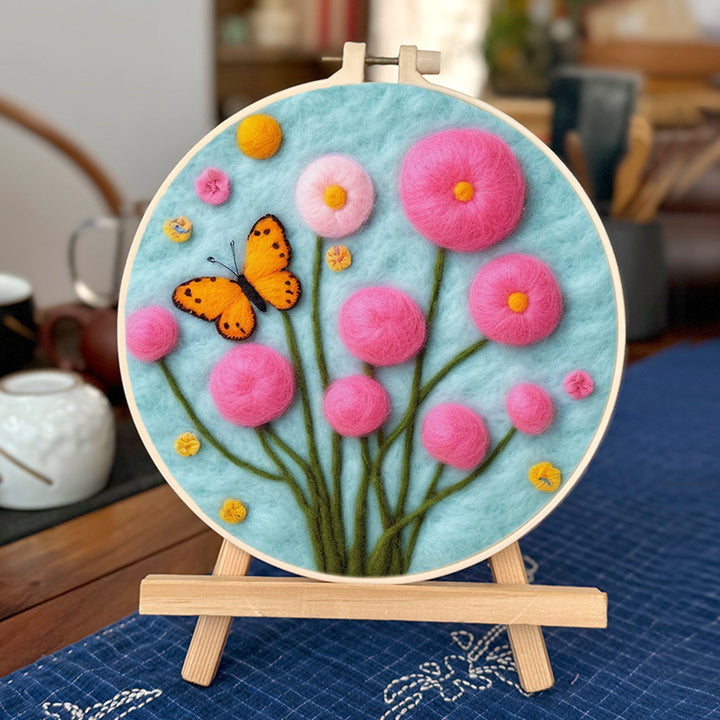 Butterfly Flies Around Pink Flowers Above Wool Needle Felting Painting Kit