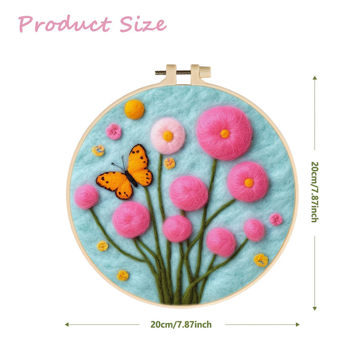 Butterfly Flies Around Pink Flowers Above Wool Needle Felting Painting Kit