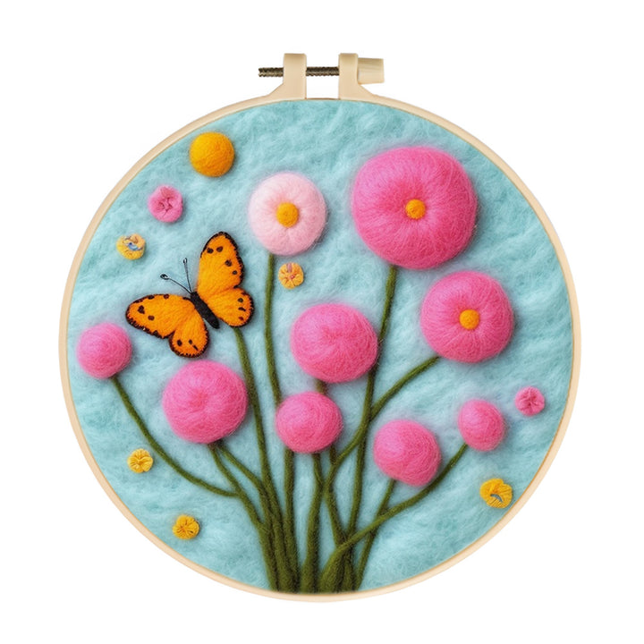 Butterfly Flies Around Pink Flowers Above Wool Needle Felting Painting Kit