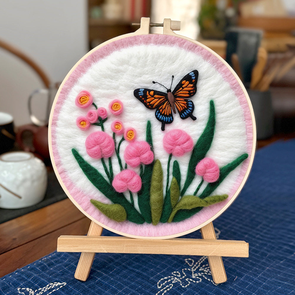 Butterfly Hovers Above Soft Pink Blooms Wool Needle Felting Painting Kit