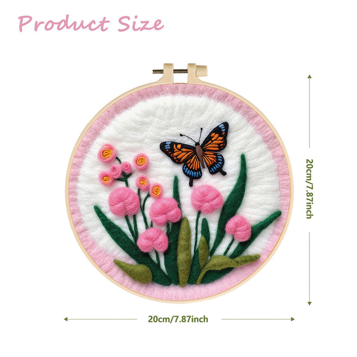 Butterfly Hovers Above Soft Pink Blooms Wool Needle Felting Painting Kit