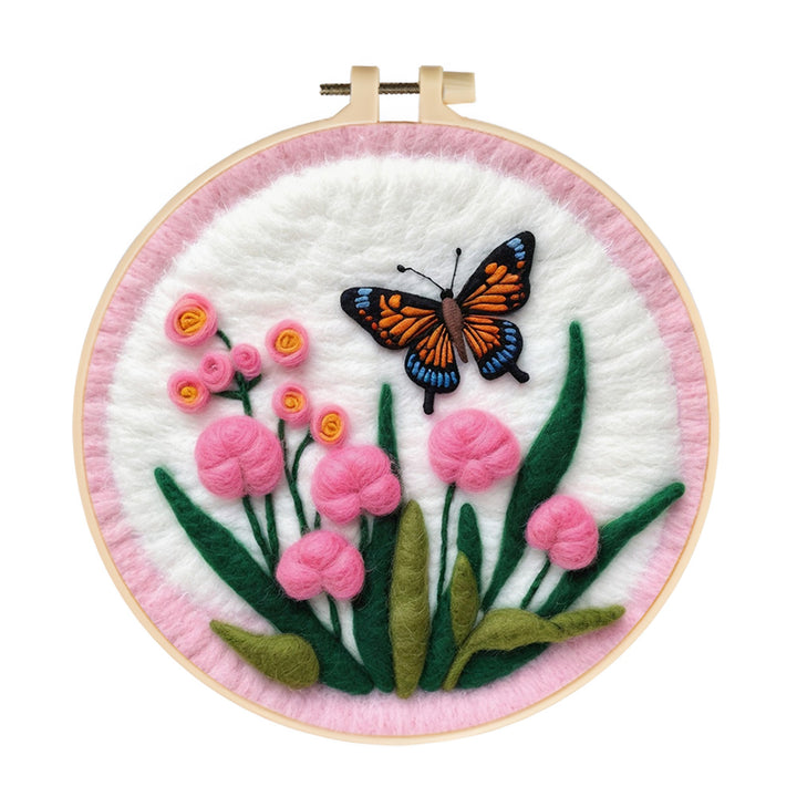 Butterfly Hovers Above Soft Pink Blooms Wool Needle Felting Painting Kit