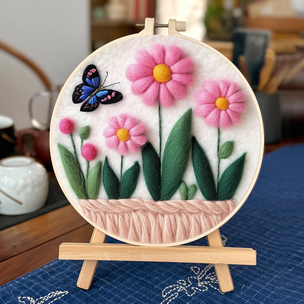 Butterfly Glides Over Colorful Flowers Wool Needle Felting Painting Kit