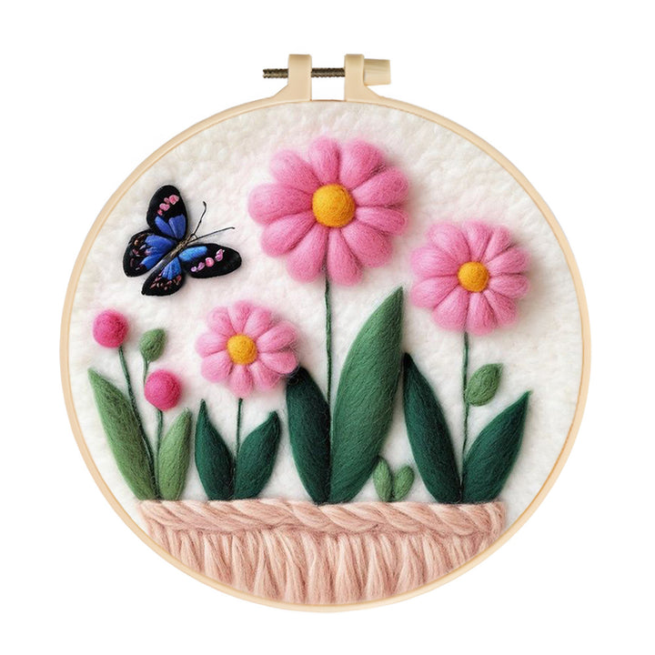 Butterfly Glides Over Colorful Flowers Wool Needle Felting Painting Kit