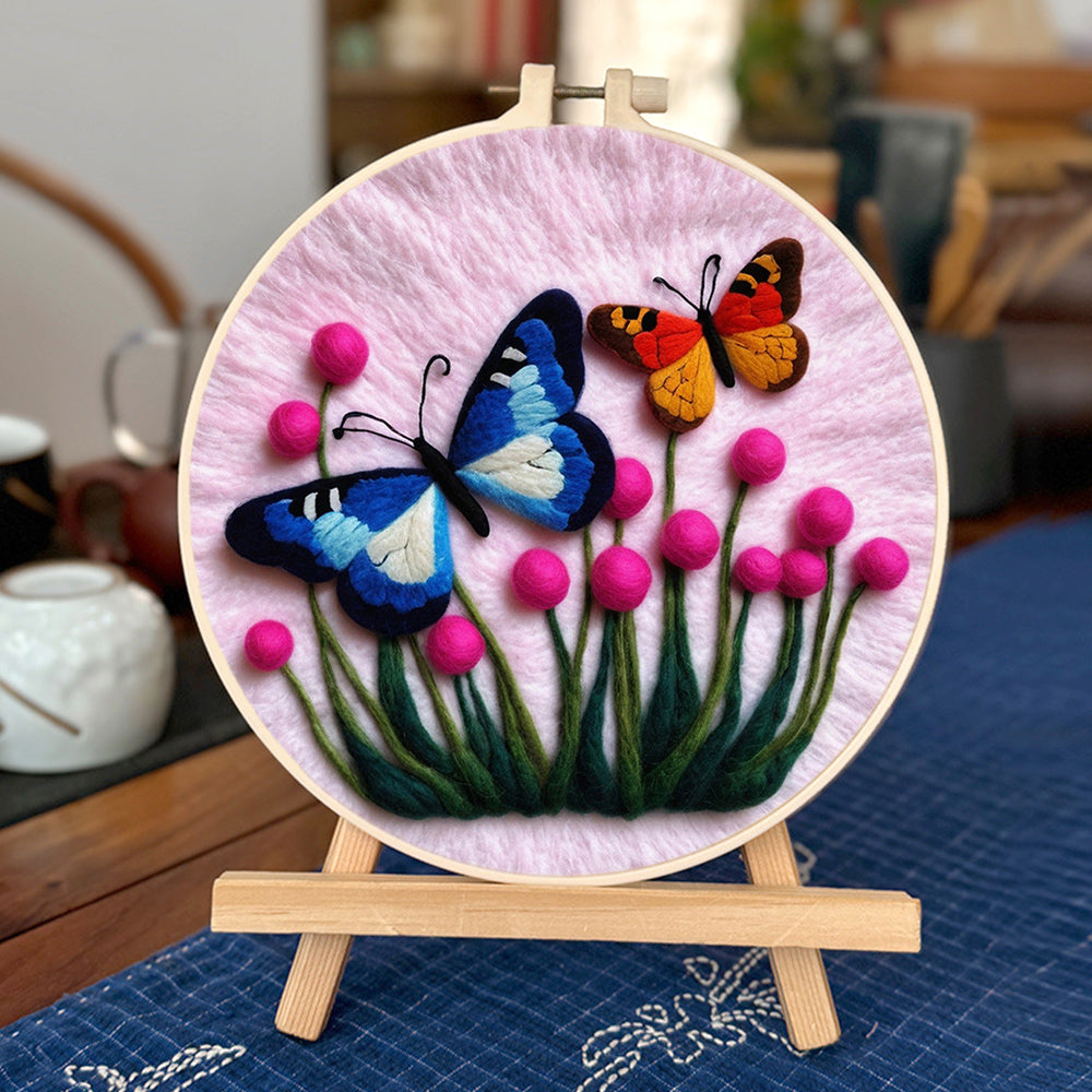 Blue and Orange Butterflies Rest on Flowers Wool Needle Felting Painting Kit