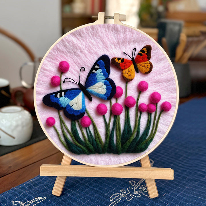 Blue and Orange Butterflies Rest on Flowers Wool Needle Felting Painting Kit