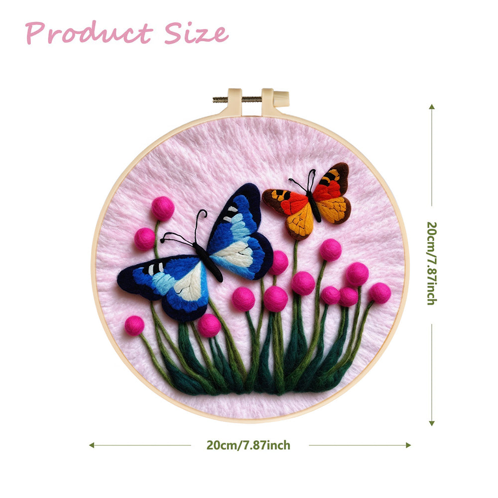 Blue and Orange Butterflies Rest on Flowers Wool Needle Felting Painting Kit