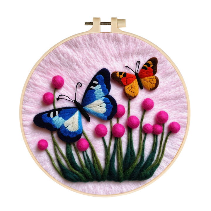 Blue and Orange Butterflies Rest on Flowers Wool Needle Felting Painting Kit