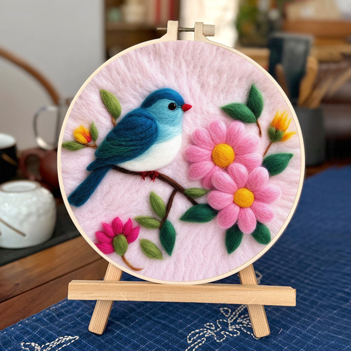 Blue Bird Resting Among Pink Flowers Wool Needle Felting Painting Kit