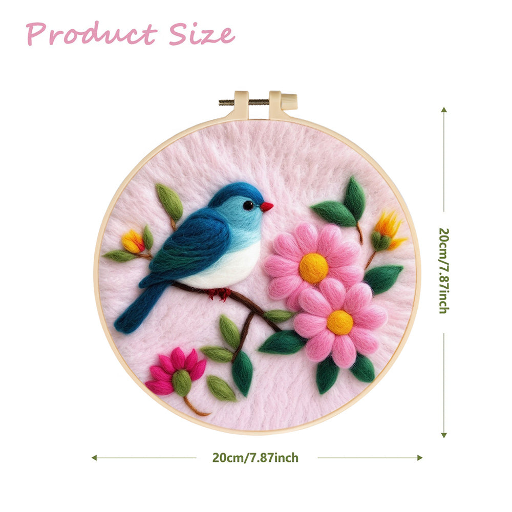 Blue Bird Resting Among Pink Flowers Wool Needle Felting Painting Kit