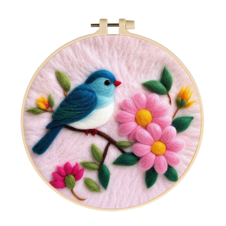 Blue Bird Resting Among Pink Flowers Wool Needle Felting Painting Kit