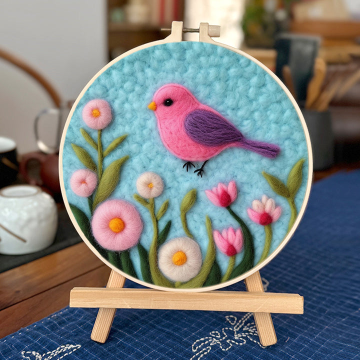 Bird Soars Above Pink and White Flowers Wool Needle Felting Painting Kit