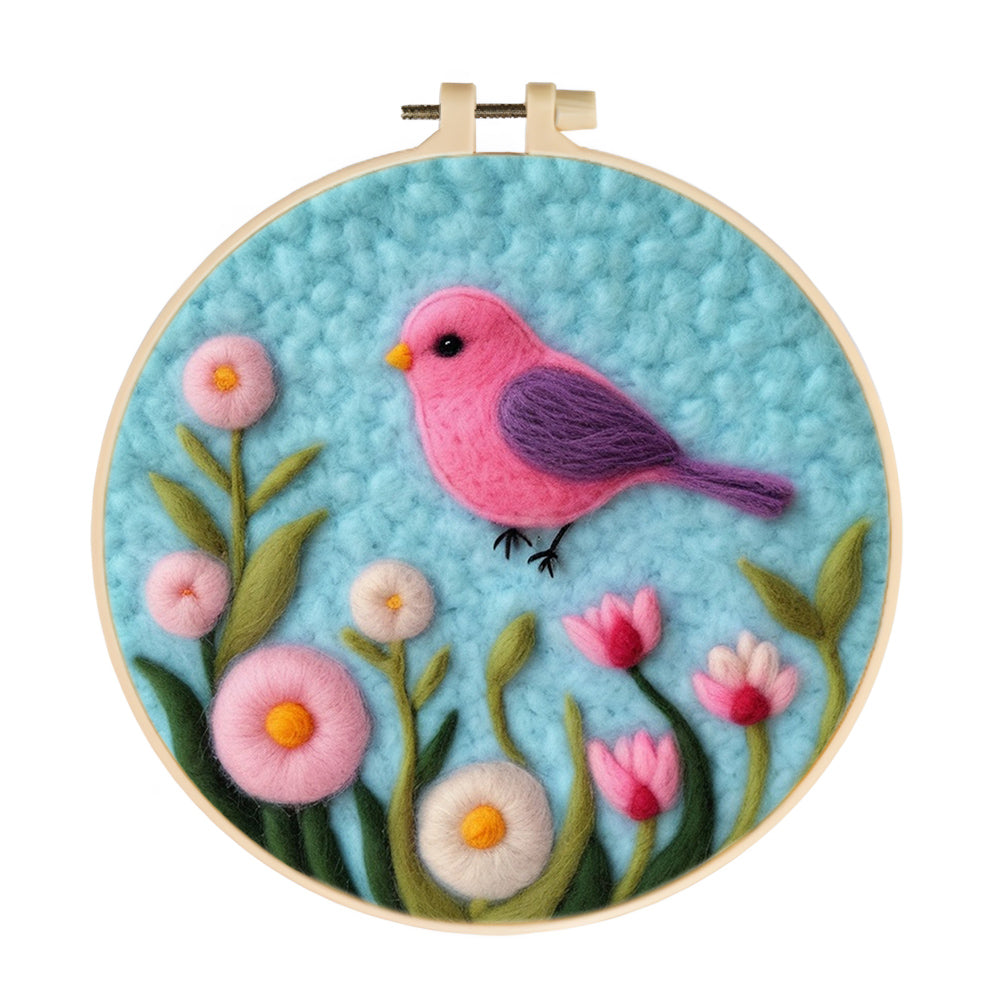 Bird Soars Above Pink and White Flowers Wool Needle Felting Painting Kit