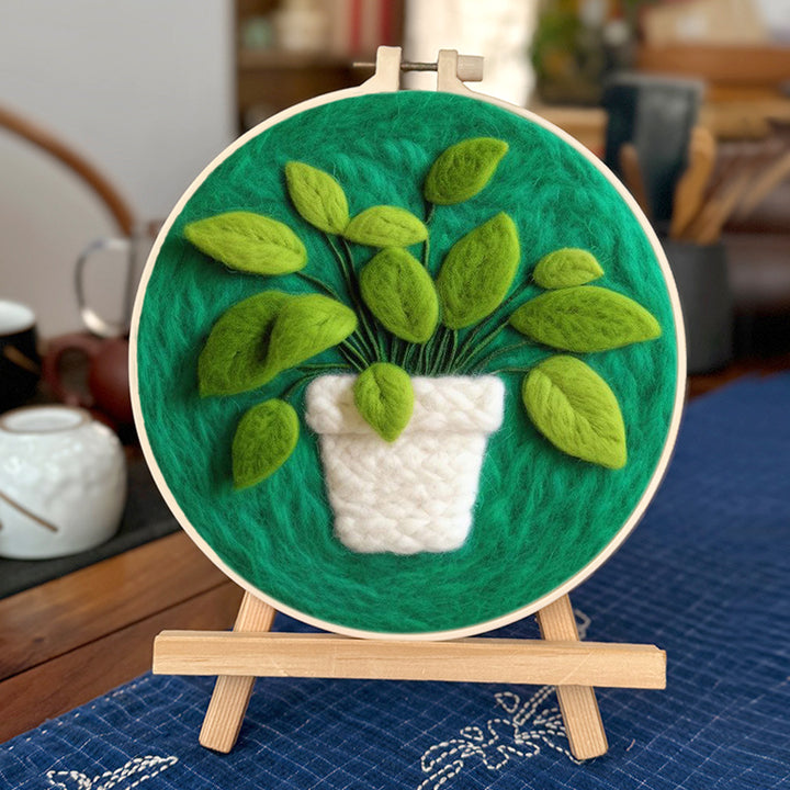 Green Leaves Fill White Pot Wool Needle Felting Painting Kit