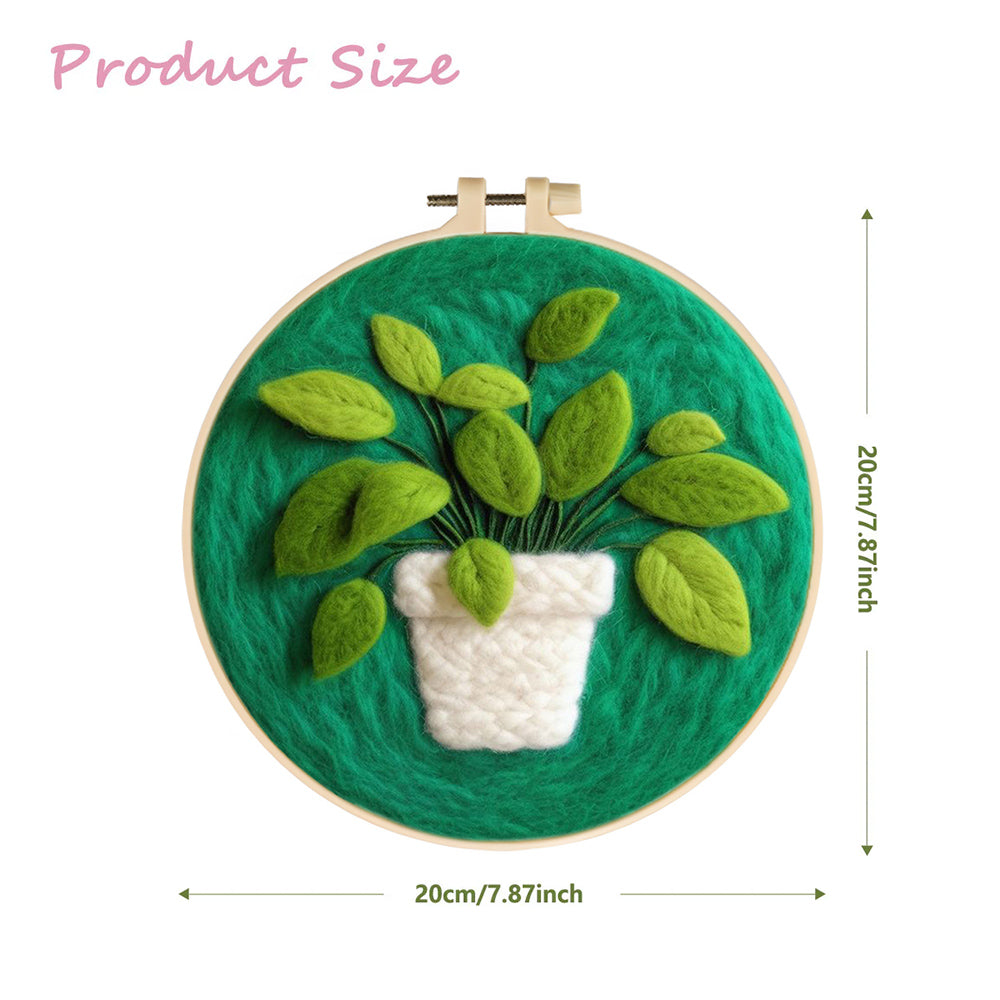 Green Leaves Fill White Pot Wool Needle Felting Painting Kit