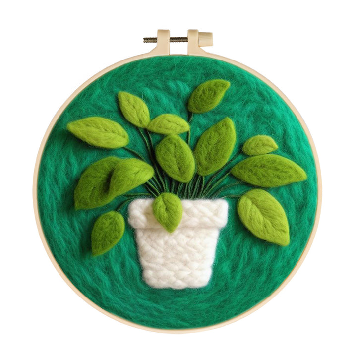 Green Leaves Fill White Pot Wool Needle Felting Painting Kit
