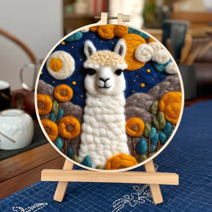 Llama Under Moonlit Sky with Flowers Wool Needle Felting Painting Kit
