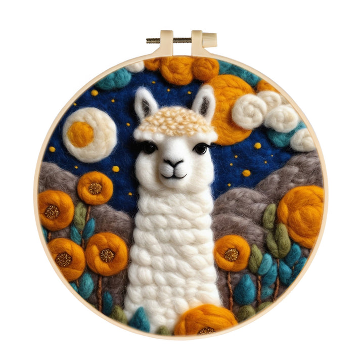 Llama Under Moonlit Sky with Flowers Wool Needle Felting Painting Kit
