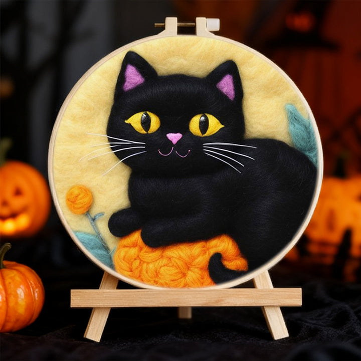 Black Cat Sits on Orange Ball Wool Needle Felting Painting Kit