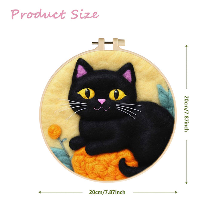 Black Cat Sits on Orange Ball Wool Needle Felting Painting Kit