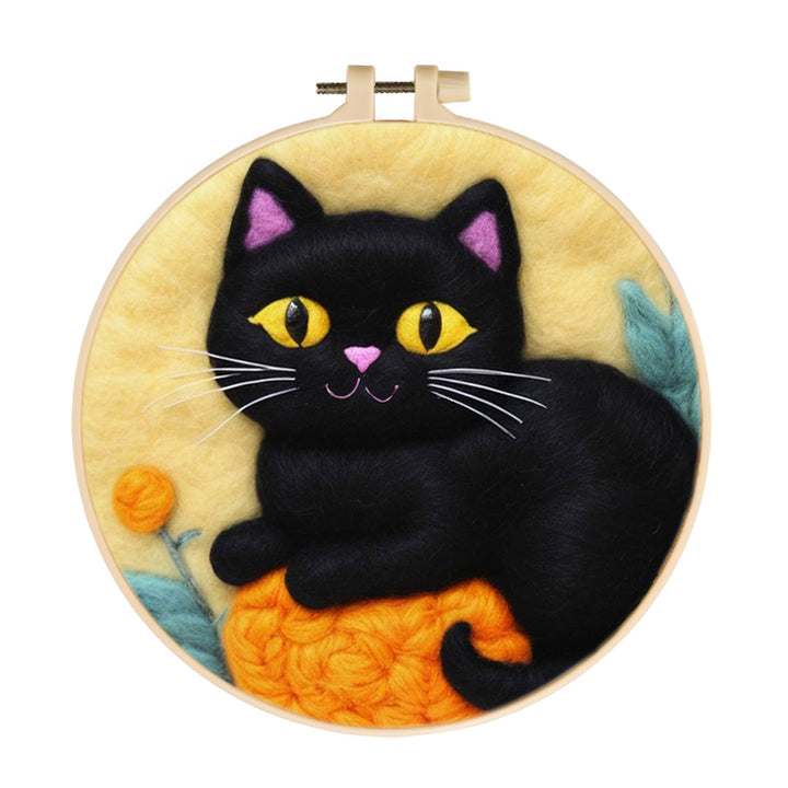 Black Cat Sits on Orange Ball Wool Needle Felting Painting Kit