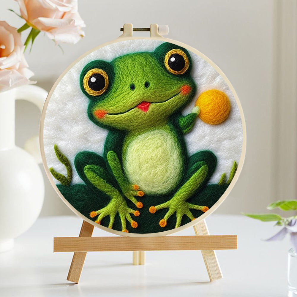 Cute Frog Grabs Yellow Ball Wool Needle Felting Painting Kit
