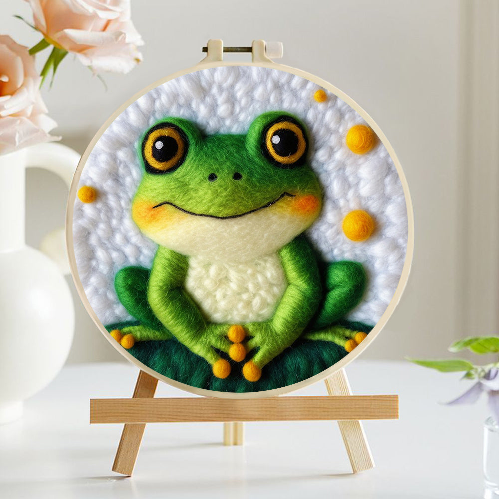Frog Smiles Among Yellow Circles Wool Needle Felting Painting Kit